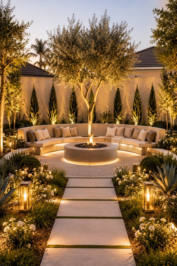 Illuminated garden with curved seating, a fire pit, trees and a stepping-stone path