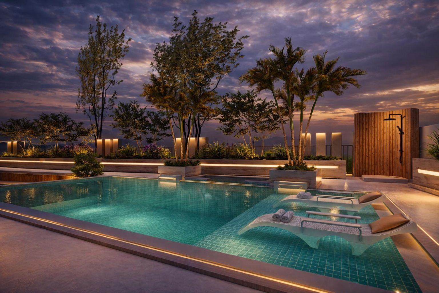 Illuminated swimming pool with palms, planting and loungers at dusk
